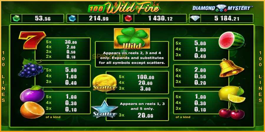 Diamond Mystery 100 Wild Fire màquina de joc per diners, imatge 4